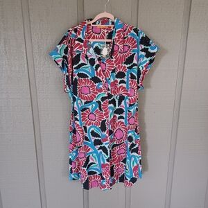 Oliphant Floral Shirt Dress Mini Size 2XL Women Preppy Cotton In Umbria Blue